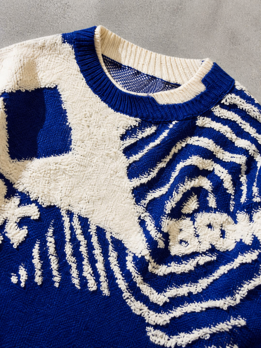 Code Culture catalog | mens-jacquard-sweater-casual-top | blue | macro flat lay