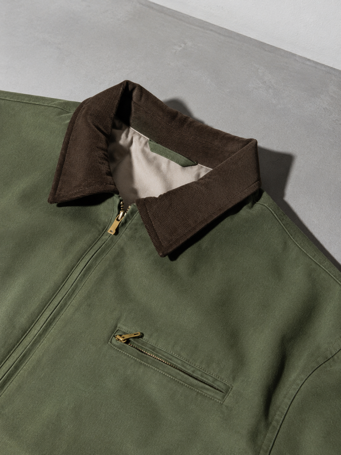 Code Culture catalog | american-workwear-retro-lapel-jacket | color-army-green | macro flat lay