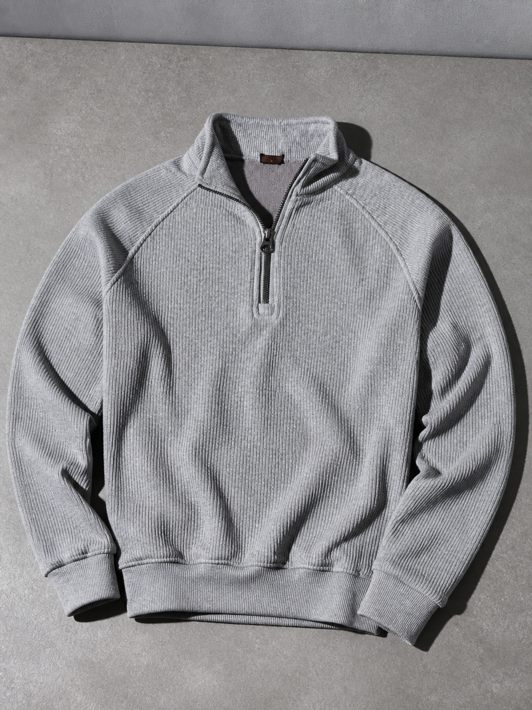 Code Culture catalog | european-and-american-half-zipper-sweater-stand-up-collar-all-match-fleece-mens-sweater-top | light-gray | macro flat lay