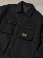 Code Culture catalog | motorcycle-loose-workwear-warm-jacket | color-black-plus-velvet | macro flat lay