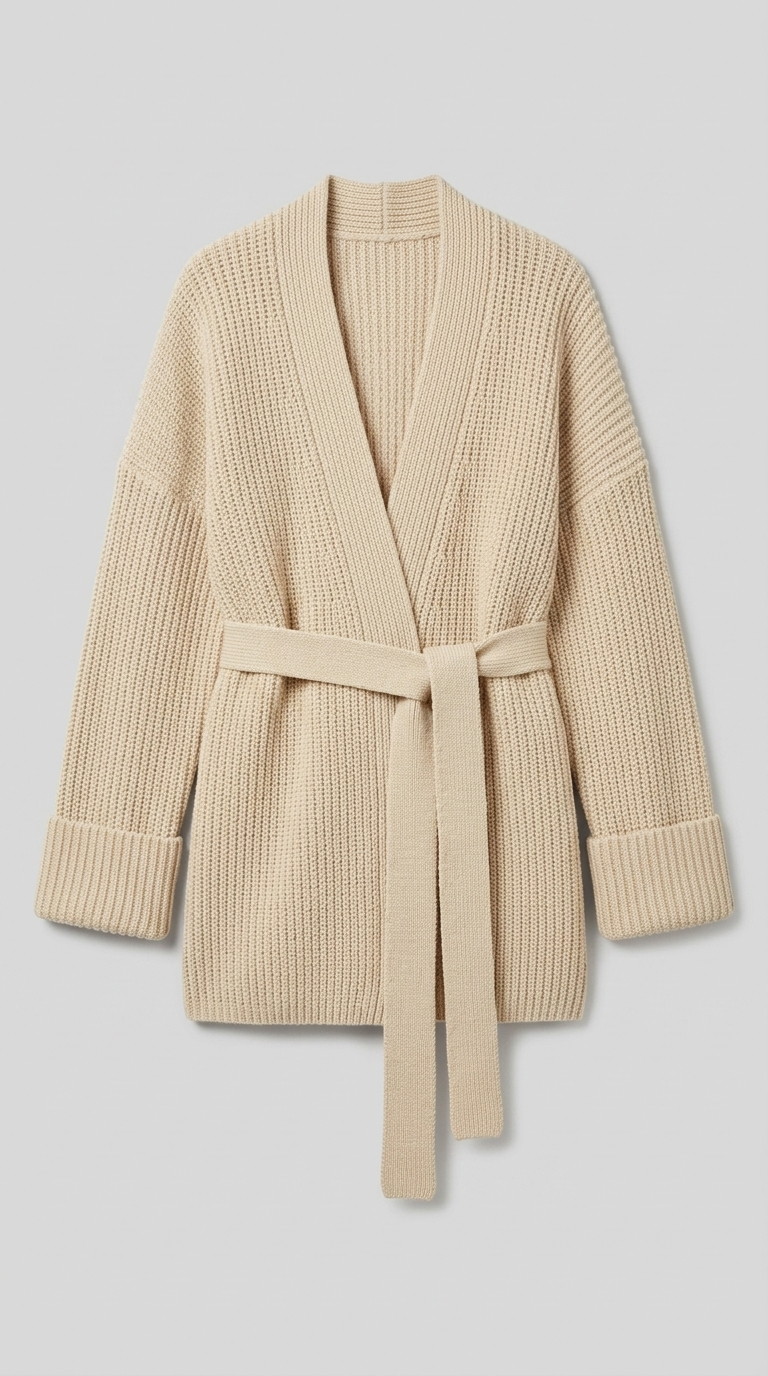 Code Culture catalog | cashmere-belt-knitted-cardigan-jacket | light-khaki | macro flat lay