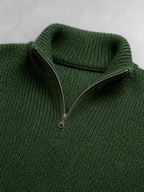 Code Culture catalog | mens-business-casual-loose-zip-stand-collar-sweater | military-green | macro flat lay