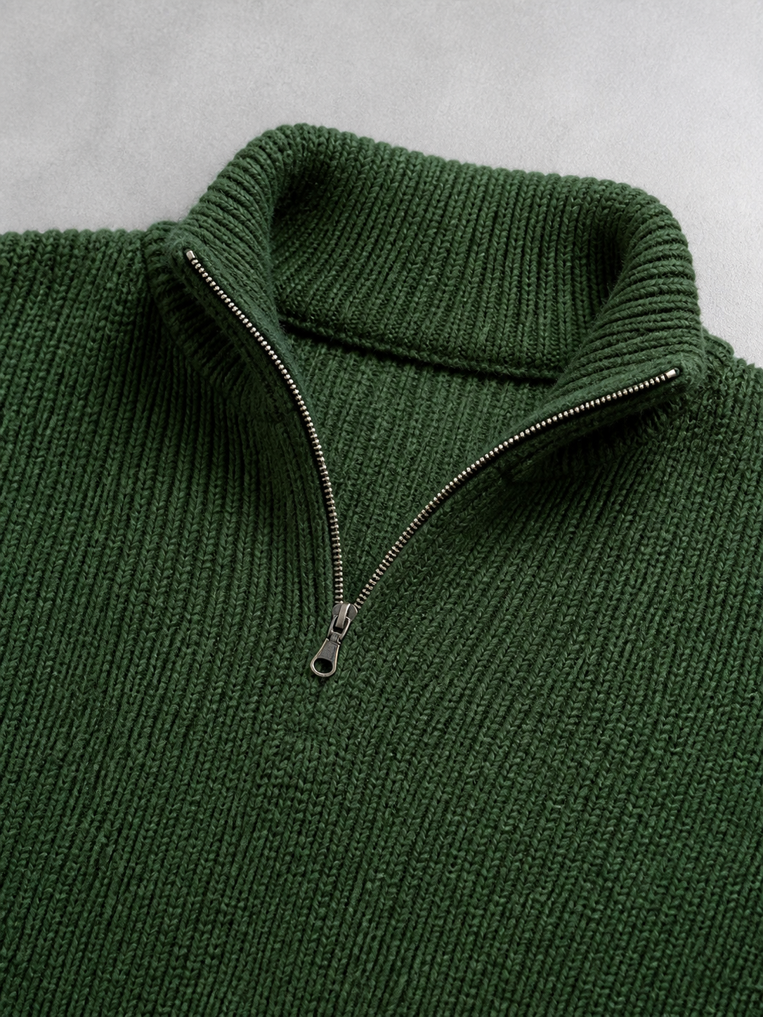 Code Culture catalog | mens-business-casual-loose-zip-stand-collar-sweater | military-green | macro flat lay