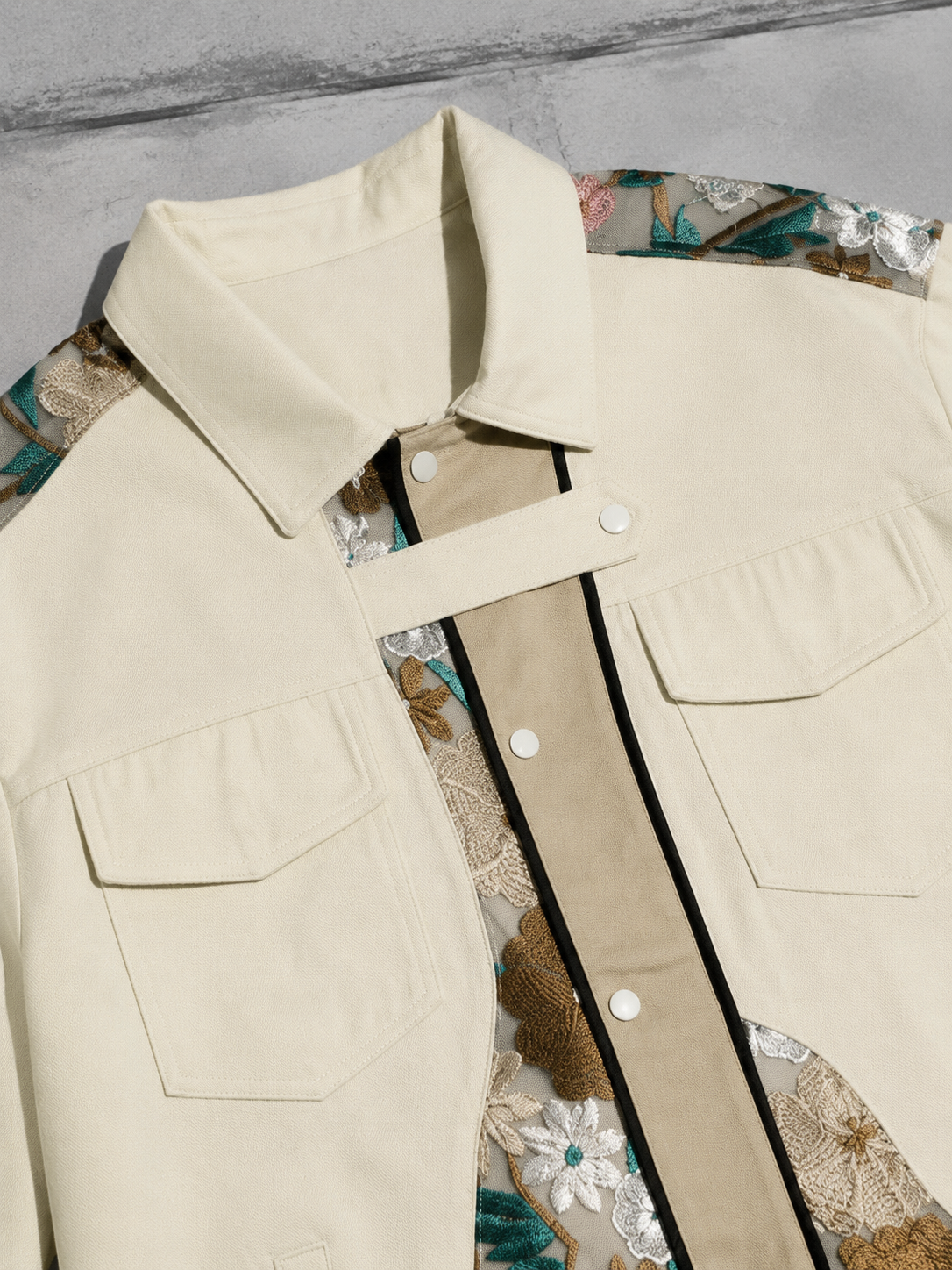 Code Culture catalog | lace-embroidery-stitching-workwear-jacket-men | color-khaki | macro flat lay