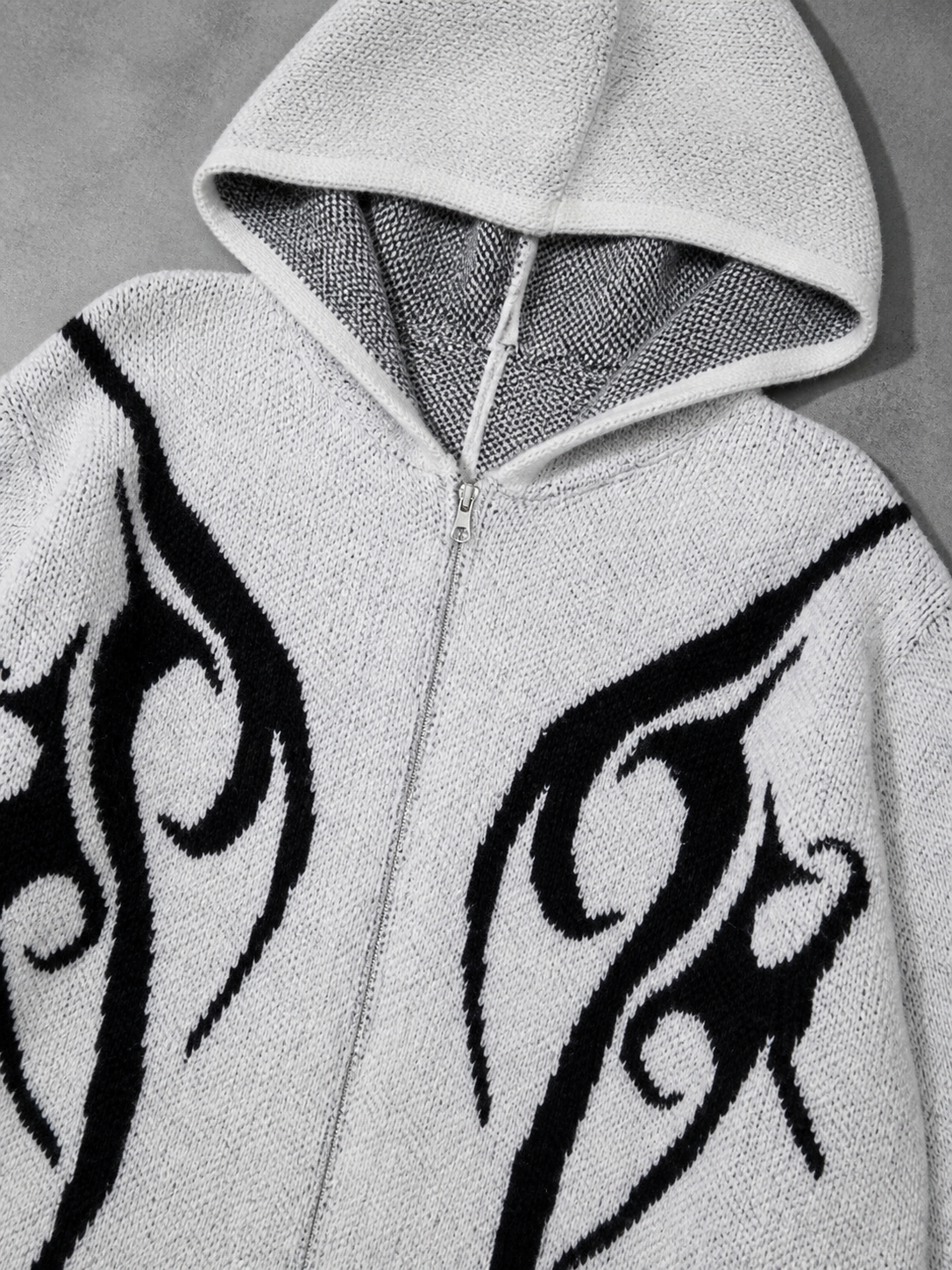 Code Culture catalog | totem-jacquard-contrast-color-hooded-zip-sweater | gray | macro flat lay