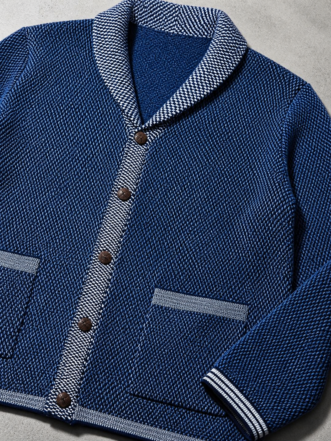 Code Culture catalog | mens-casual-jacquard-sweater-coat | navy-blue | macro flat lay