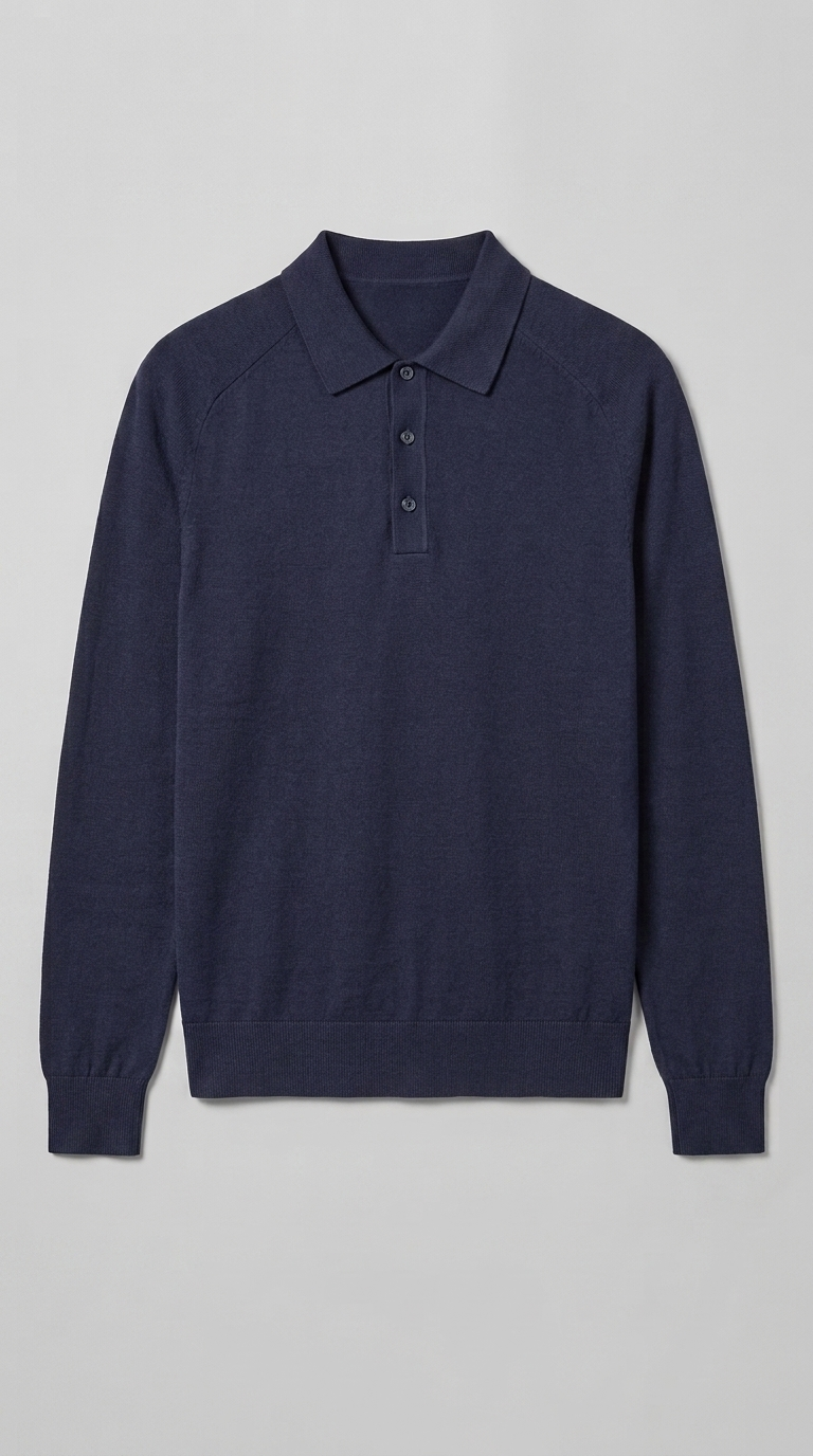 Code Culture catalog | mens-long-sleeved-sweater-lapel-comfortable-sweater | navy-blue | macro flat lay