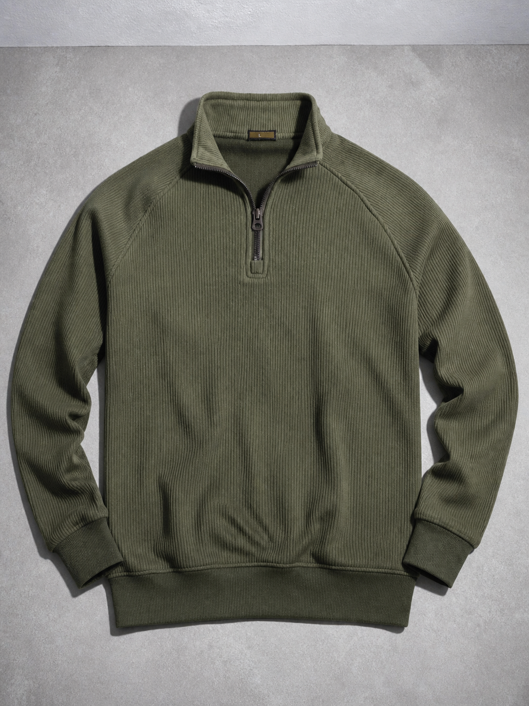 Code Culture catalog | european-and-american-half-zipper-sweater-stand-up-collar-all-match-fleece-mens-sweater-top | army-green | macro flat lay