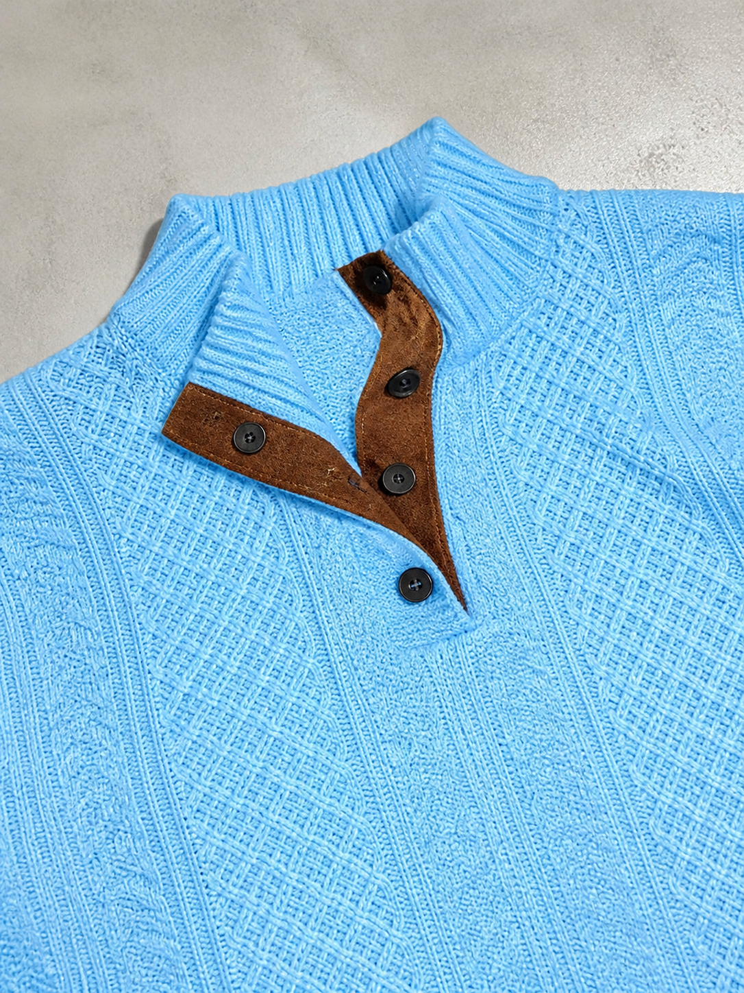 Code Culture catalog | stand-collar-long-sleeve-jacquard-knitted-pullover-sweater | sky-blue | macro flat lay