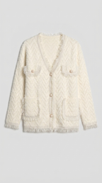 Code Culture catalog | womens-fringed-knitted-cardigan-coat | white | macro flat lay
