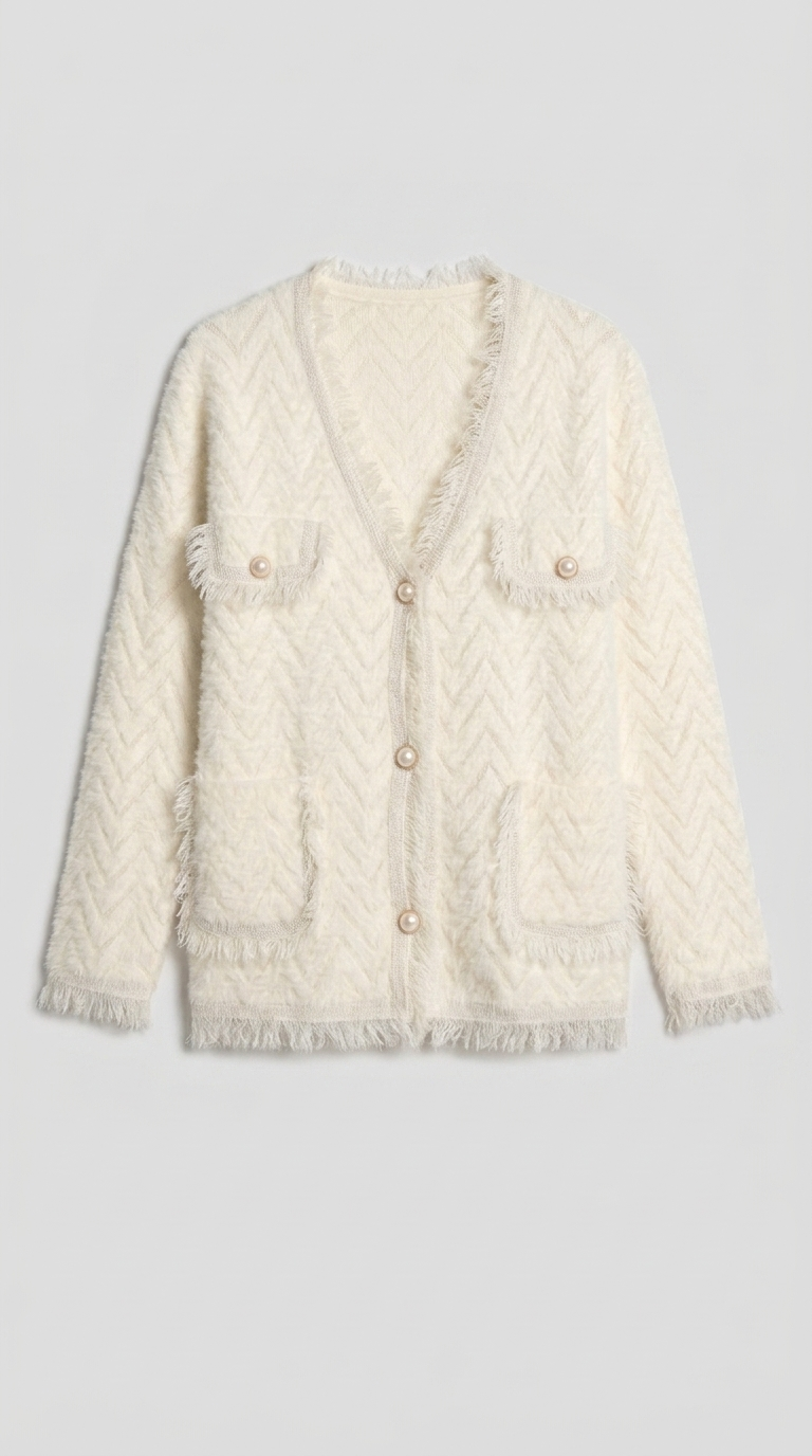 Code Culture catalog | womens-fringed-knitted-cardigan-coat | white | macro flat lay