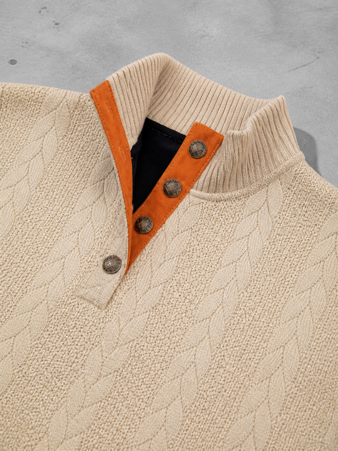 Code Culture catalog | stand-collar-long-sleeve-jacquard-knitted-pullover-sweater | khaki-2 | macro flat lay