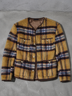 Code Culture catalog | mohair-plaid-vintage-long-woolen-collarless-jacket | color-yellow | macro flat lay
