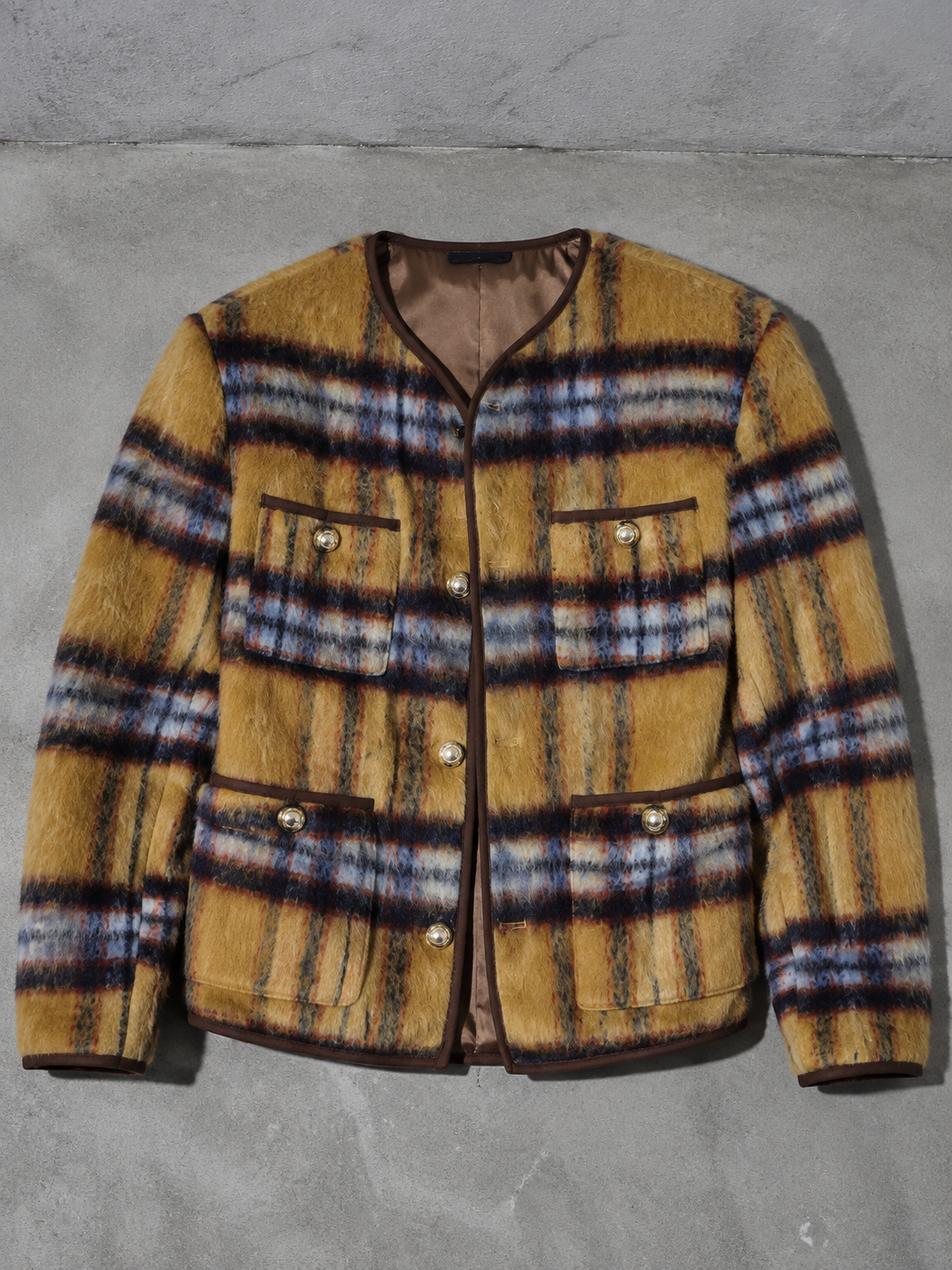 Code Culture catalog | mohair-plaid-vintage-long-woolen-collarless-jacket | color-yellow | macro flat lay