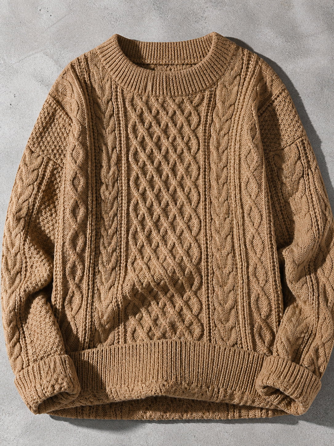 Code Culture catalog | autumn-and-winter-new-mens-twist-sweater-casual-round-neck-pullover-top | b046-khaki | macro flat lay