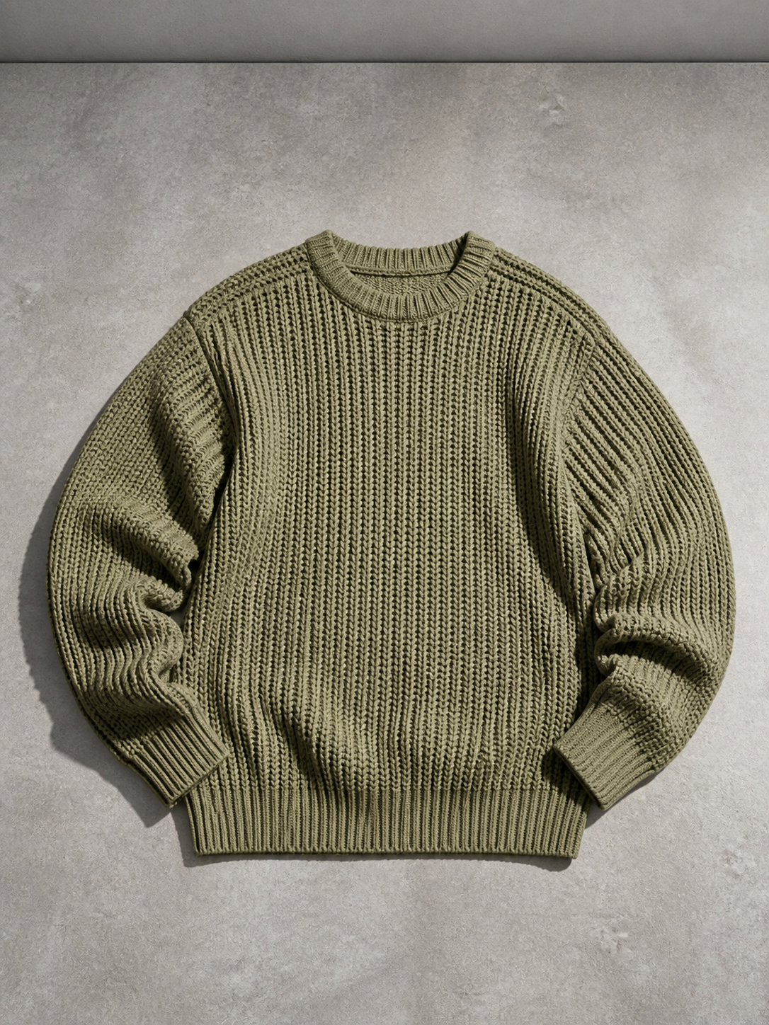 Code Culture catalog | mens-solid-color-long-sleeve-round-neck-fashion-sweater-loose-retro-sweater | light-green | macro flat lay
