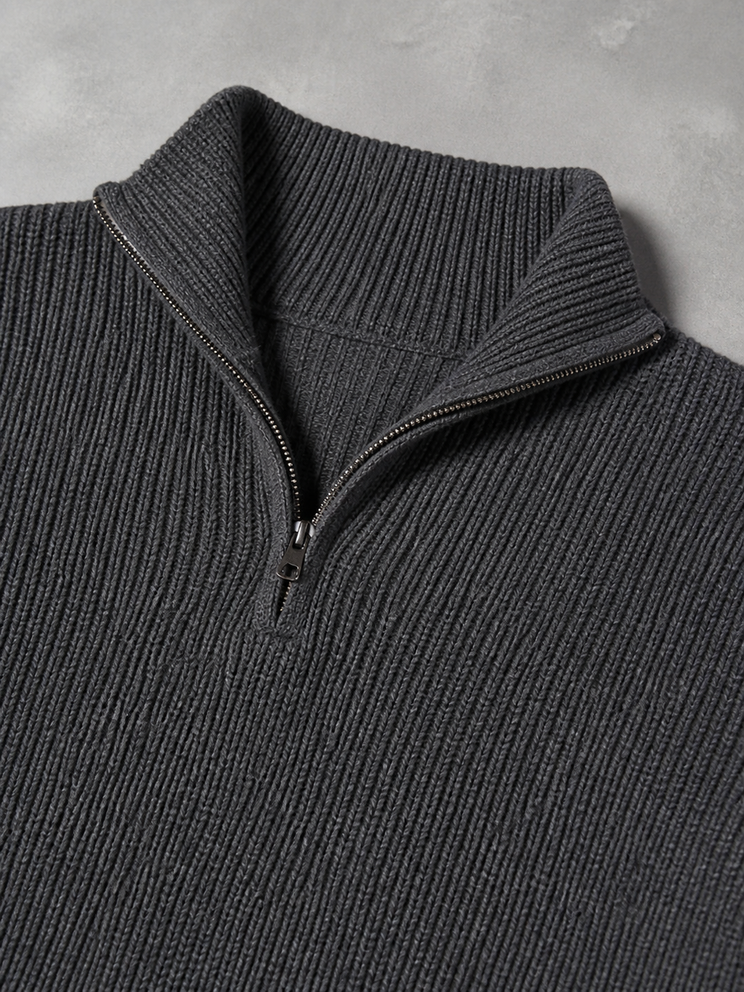 Code Culture catalog | mens-business-casual-loose-zip-stand-collar-sweater | gray | macro flat lay