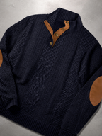 Code Culture catalog | stand-collar-long-sleeve-jacquard-knitted-pullover-sweater | navy-blue | macro flat lay