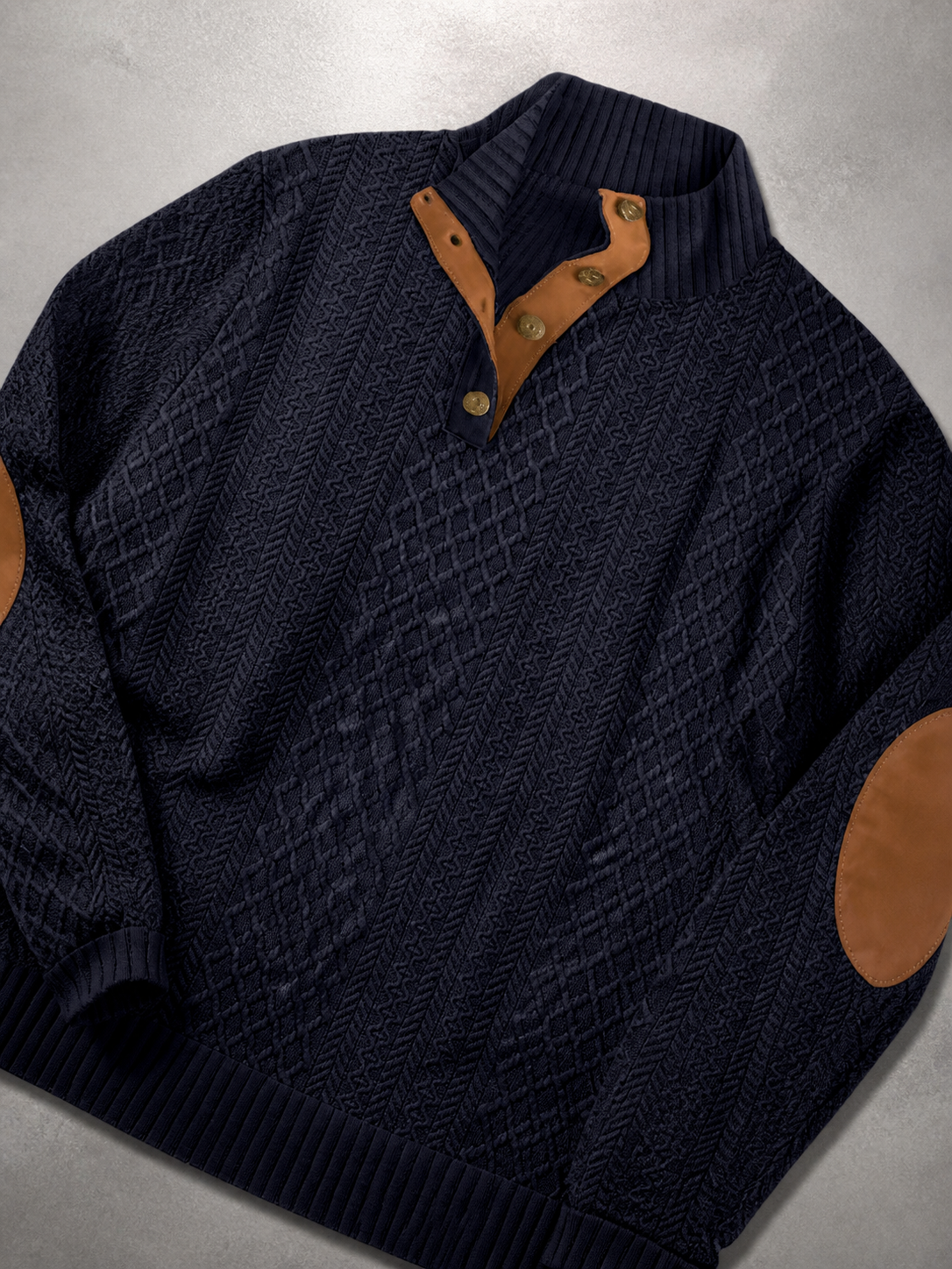 Code Culture catalog | stand-collar-long-sleeve-jacquard-knitted-pullover-sweater | navy-blue | macro flat lay