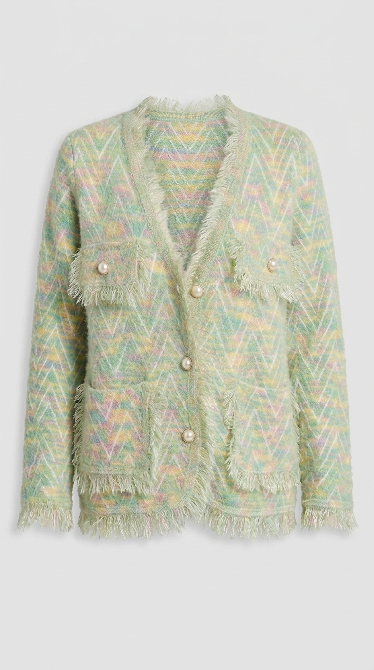 Code Culture catalog | womens-fringed-knitted-cardigan-coat | green | macro flat lay