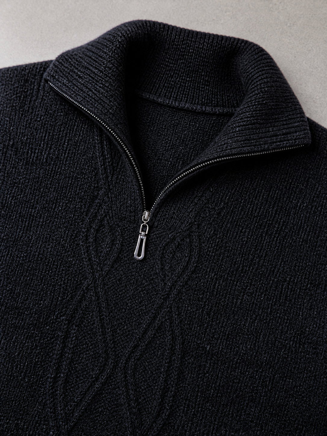 Code Culture catalog | pure-wool-sweater-half-height-zip-leisure-warm-sweater | black-gray | macro flat lay