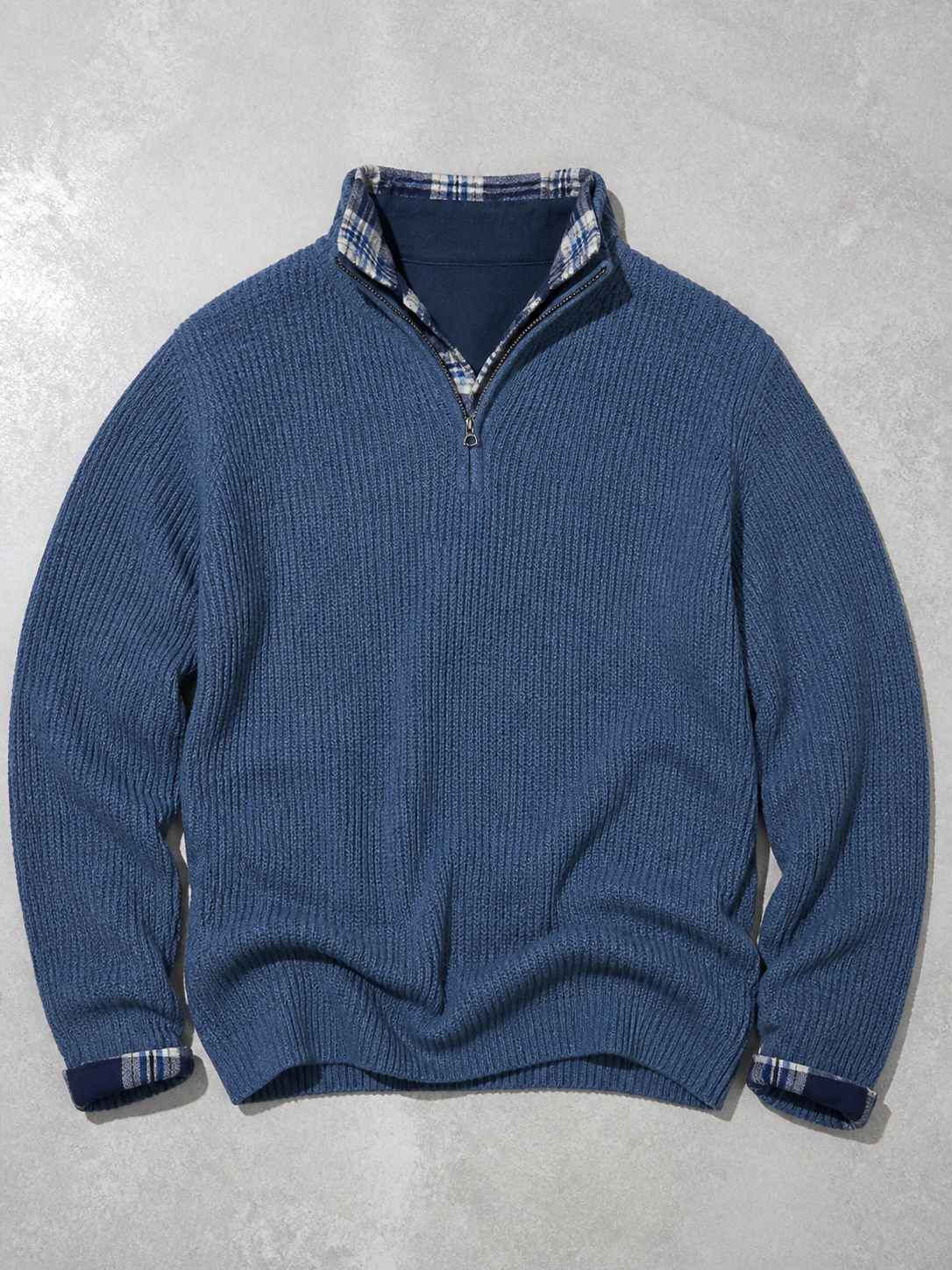Code Culture catalog | mens-casual-loose-zip-stand-collar-sweater | blue | macro flat lay
