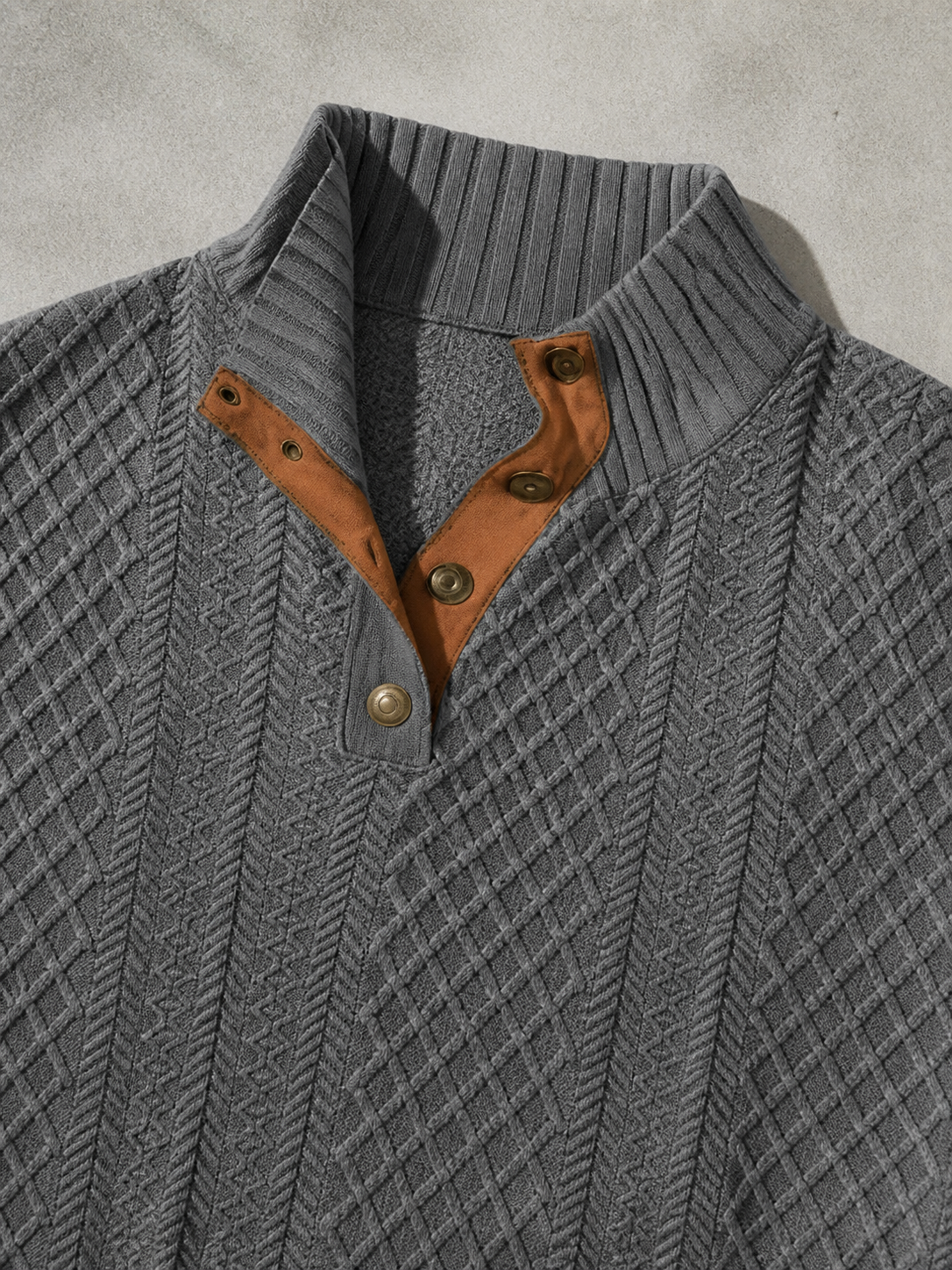 Code Culture catalog | stand-collar-long-sleeve-jacquard-knitted-pullover-sweater | dark-gray | macro flat lay