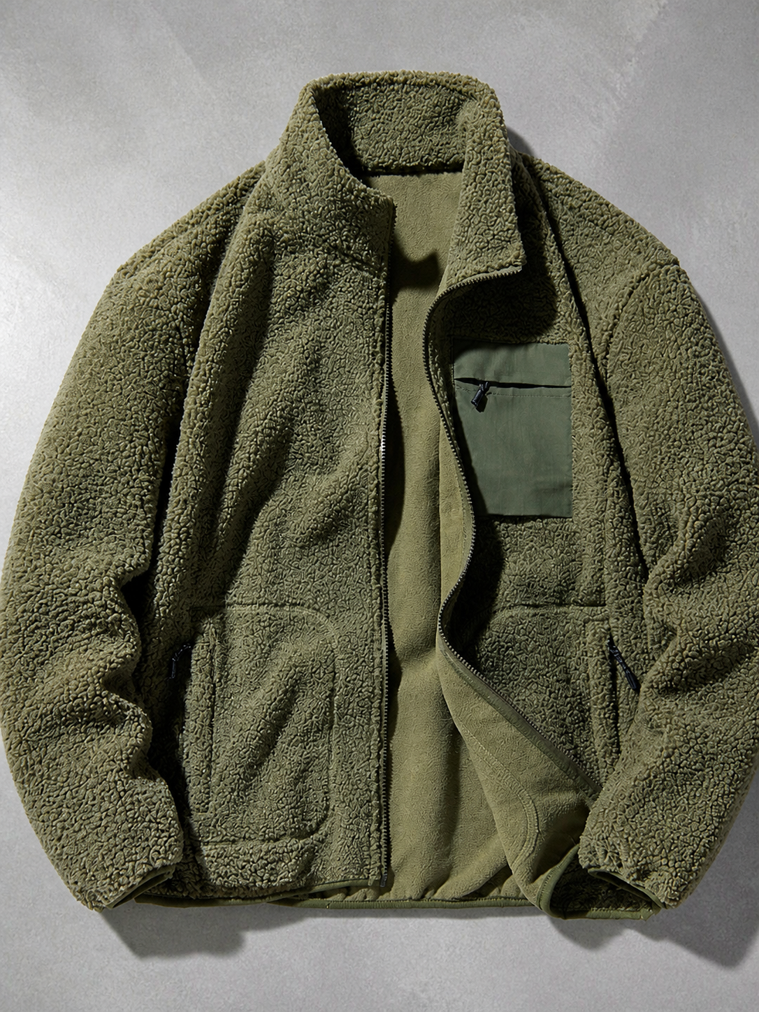 Code Culture catalog | mens-cardigan-fleece-outdoor-polar-fleece-jacket | olive | macro flat lay