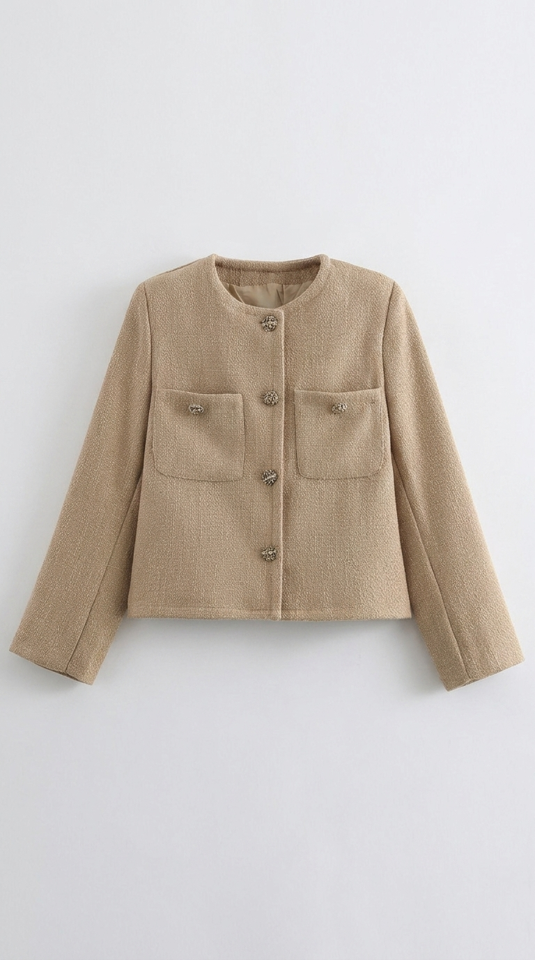 Code Culture catalog | womens-tweed-cardigan-coat | khaki | macro flat lay