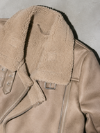 Code Culture catalog | womens-double-sided-suede-motorcycle-jacket | color-tan | macro flat lay