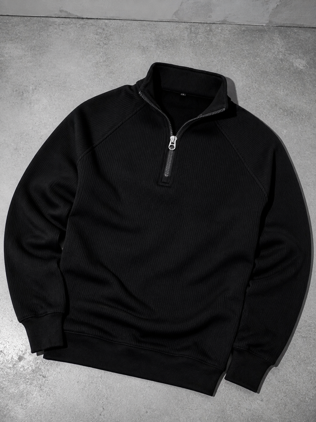Code Culture catalog | european-and-american-half-zipper-sweater-stand-up-collar-all-match-fleece-mens-sweater-top | black | macro flat lay