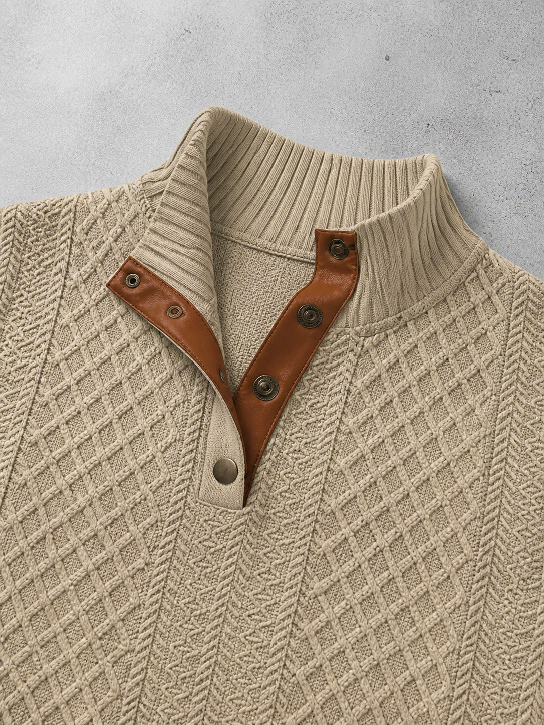 Code Culture catalog | stand-collar-long-sleeve-jacquard-knitted-pullover-sweater | khaki | macro flat lay