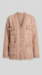 Code Culture catalog | womens-fringed-knitted-cardigan-coat | pink | macro flat lay