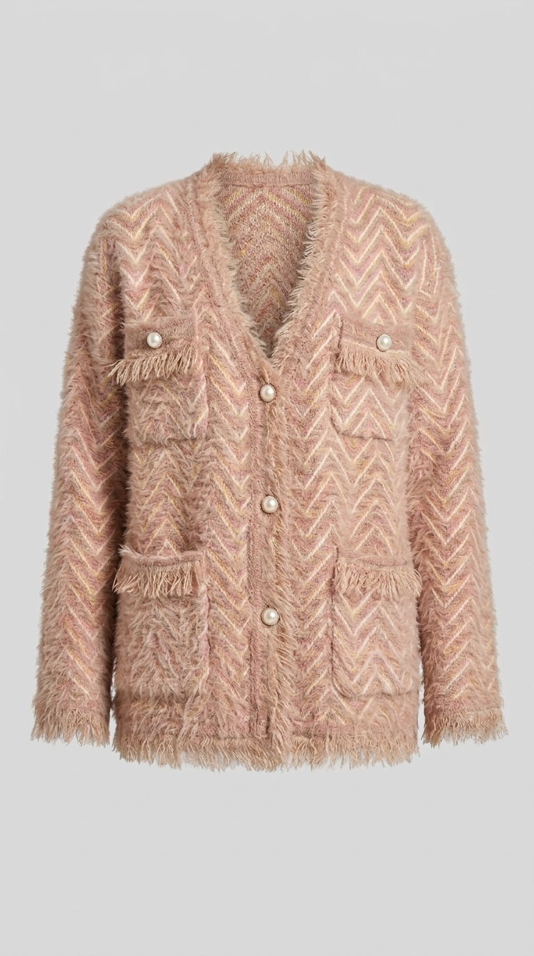 Code Culture catalog | womens-fringed-knitted-cardigan-coat | pink | macro flat lay