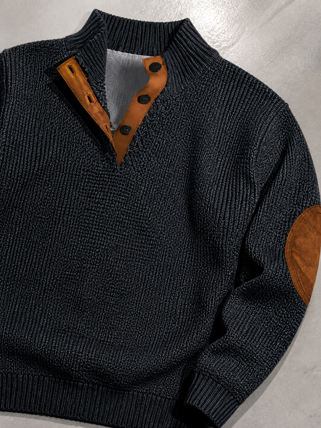 Code Culture catalog | stand-collar-long-sleeve-jacquard-knitted-pullover-sweater | dark-gray-2 | macro flat lay