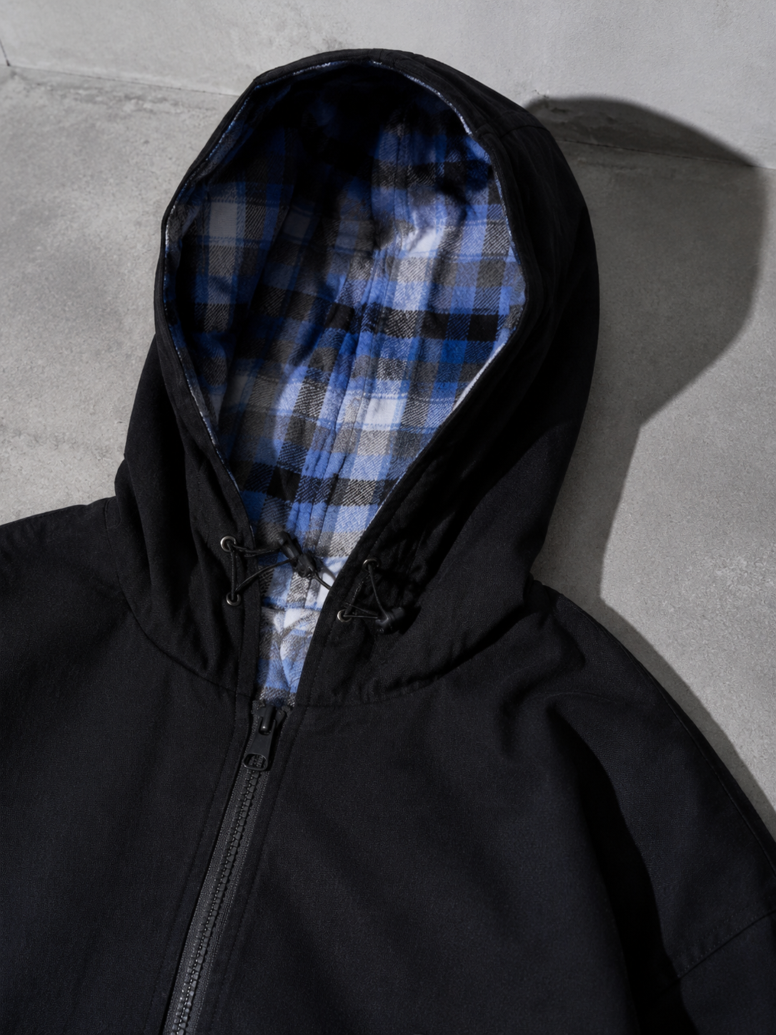 Code Culture catalog | retro-check-hooded-workwear-mens-jacket | color-black | macro flat lay