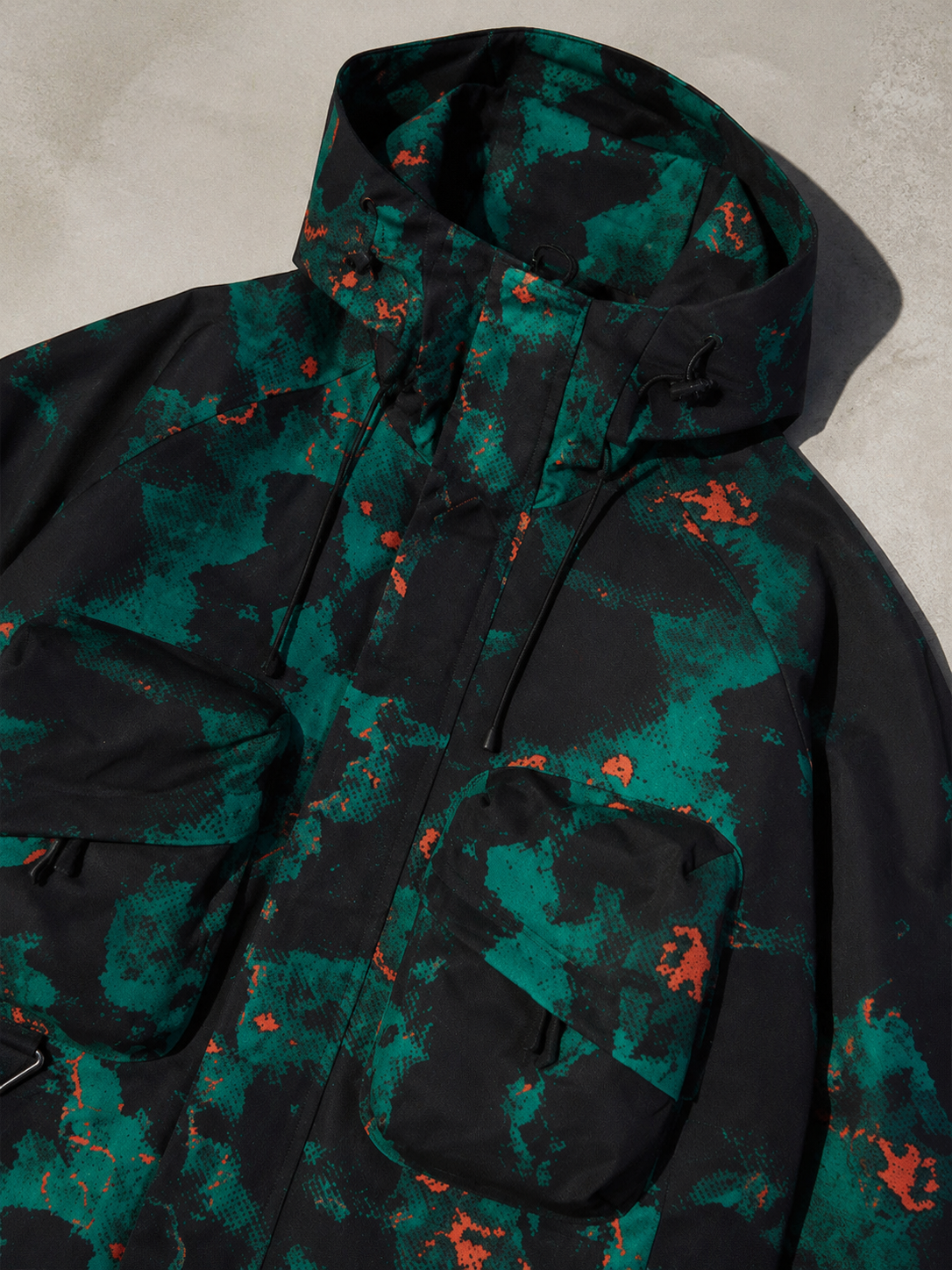 Code Culture catalog | mens-outdoor-workwear-versatile-casual-windbreaker-jacket | color-black-camouflage | macro flat lay