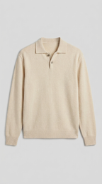Code Culture catalog | lapel-polo-sweater-mens-loose-sweater | beige | macro flat lay