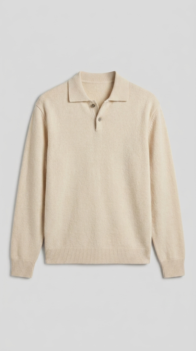 Code Culture catalog | lapel-polo-sweater-mens-loose-sweater | beige | macro flat lay