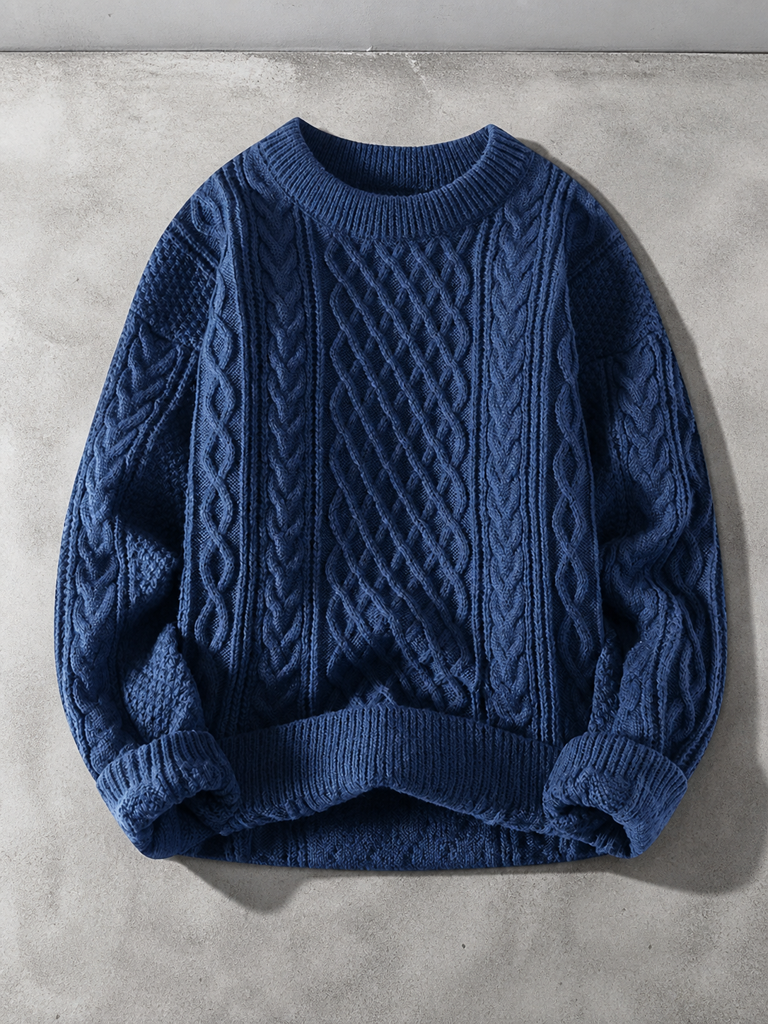 Code Culture catalog | autumn-and-winter-new-mens-twist-sweater-casual-round-neck-pullover-top | blue-round-neck | macro flat lay