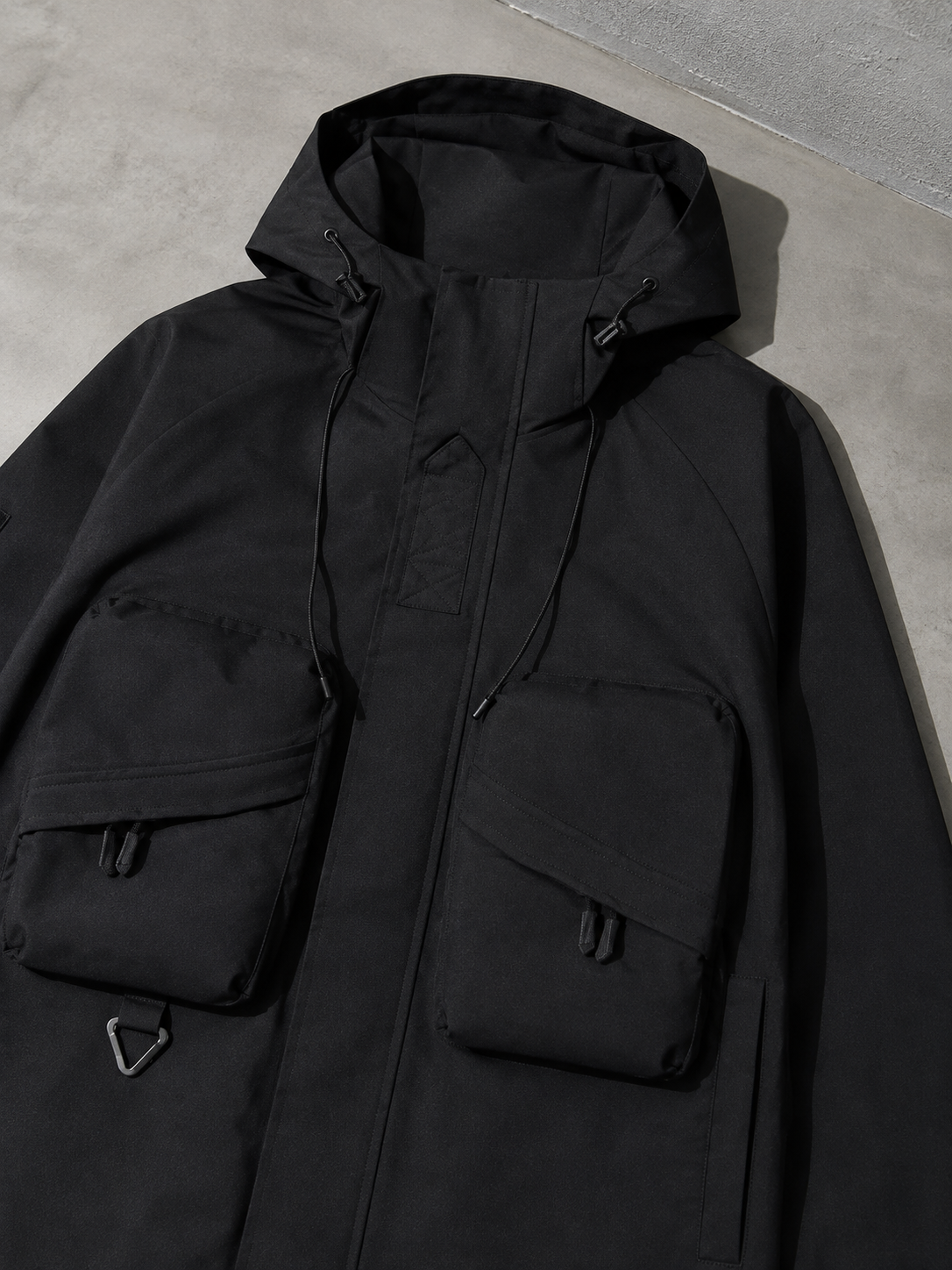 Code Culture catalog | mens-outdoor-workwear-versatile-casual-windbreaker-jacket | color-black | macro flat lay