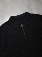 Code Culture catalog | mens-zip-up-polo-knit-sweater | black | macro flat lay