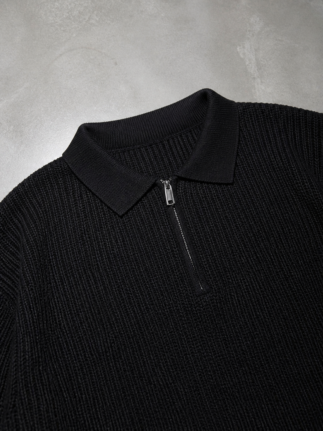 Code Culture catalog | mens-zip-up-polo-knit-sweater | black | macro flat lay