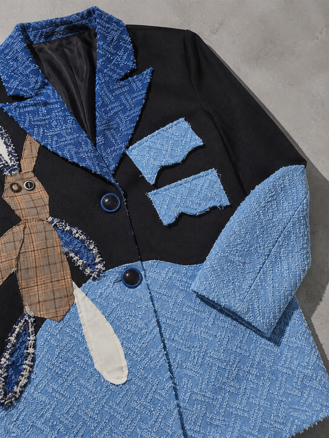 Code Culture catalog | beggar-rabbit-womens-denim-suit-jacket | color-blue | macro flat lay
