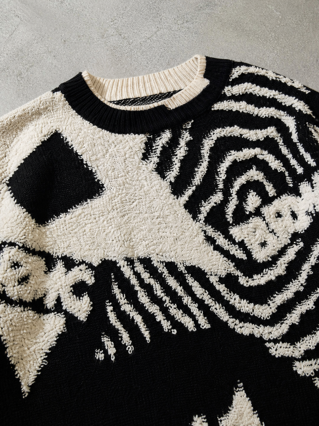 Code Culture catalog | mens-jacquard-sweater-casual-top | black | macro flat lay