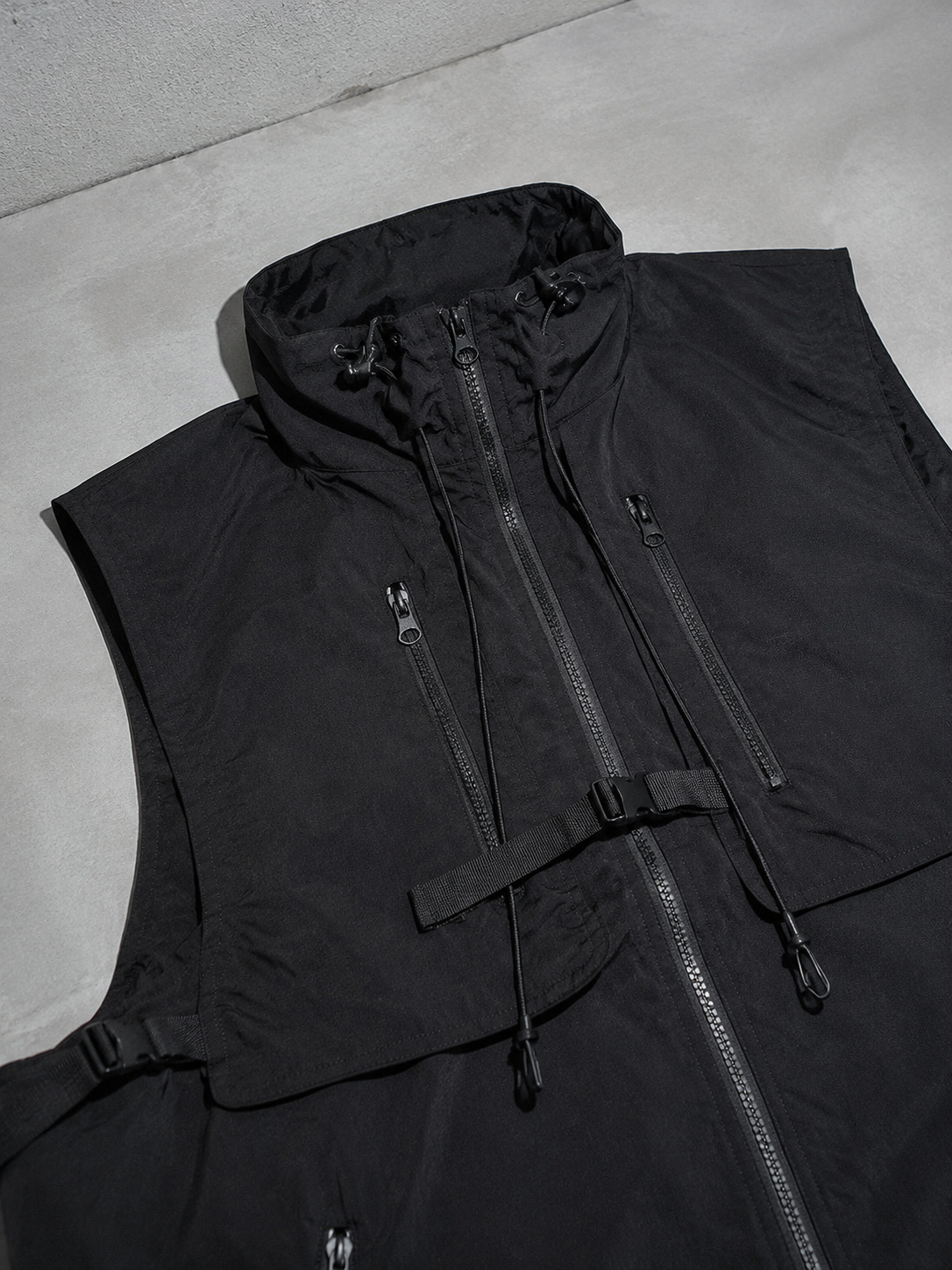 Code Culture catalog | stand-collar-workwear-vest-baggy-coat | color-black | macro flat lay