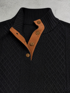 Code Culture catalog | stand-collar-long-sleeve-jacquard-knitted-pullover-sweater | black | macro flat lay