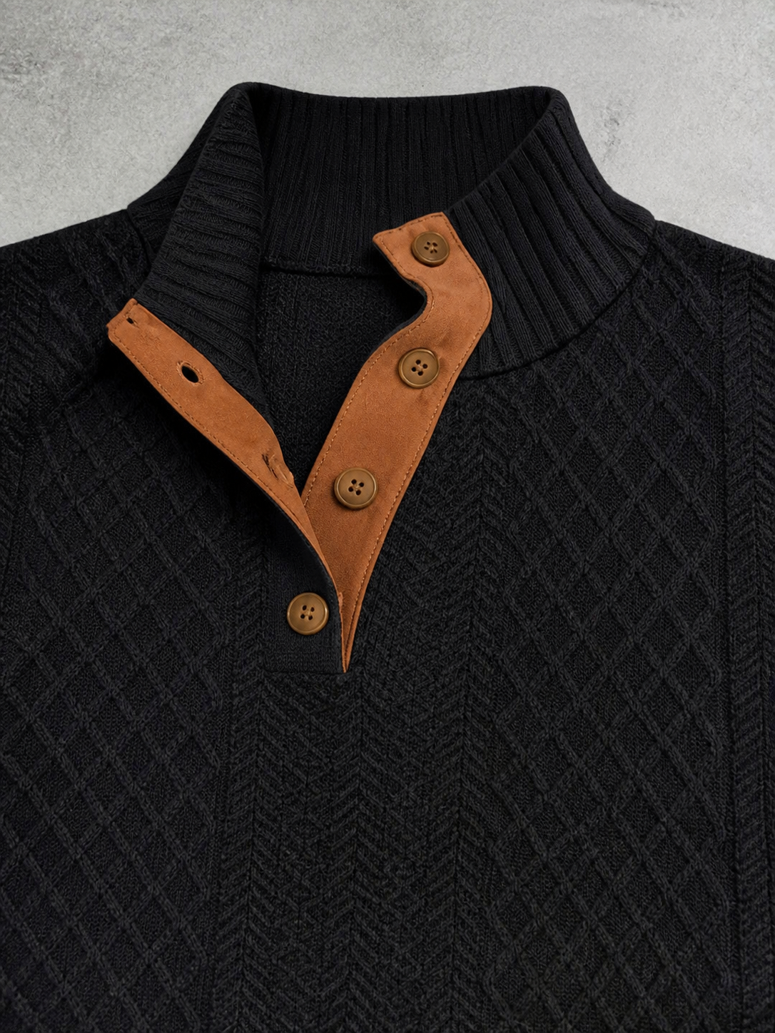 Code Culture catalog | stand-collar-long-sleeve-jacquard-knitted-pullover-sweater | black | macro flat lay