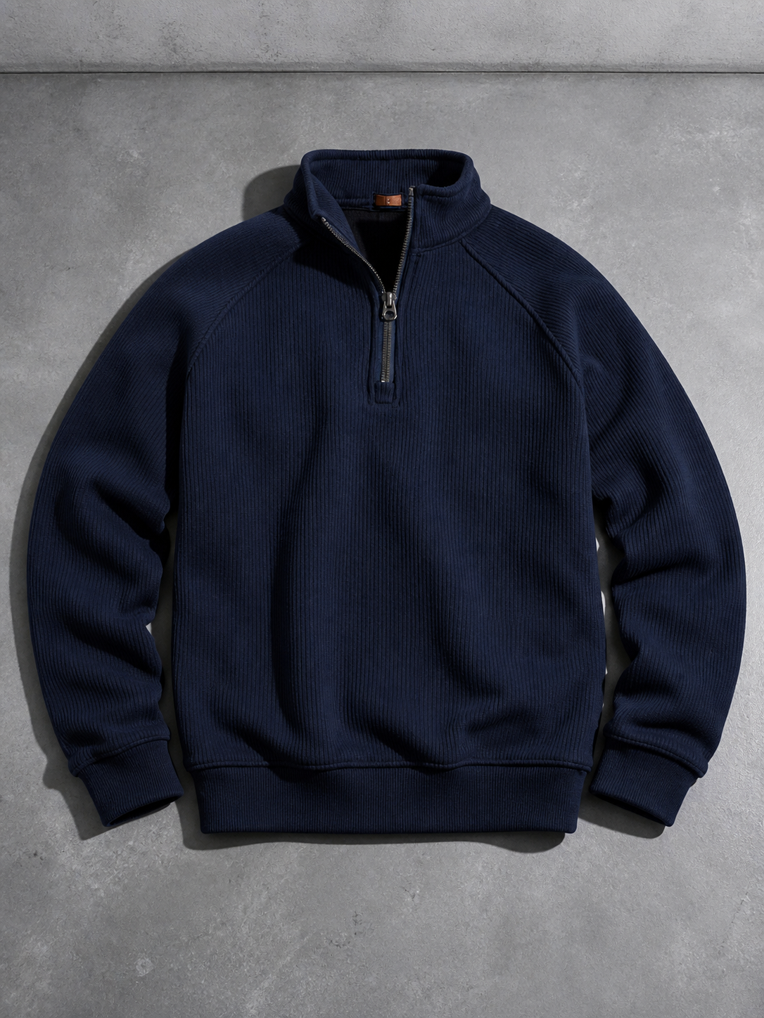 Code Culture catalog | european-and-american-half-zipper-sweater-stand-up-collar-all-match-fleece-mens-sweater-top | navy-blue | macro flat lay