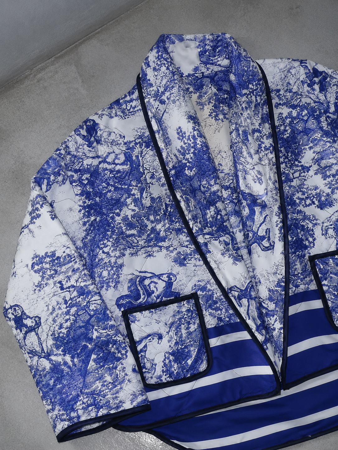 Code Culture catalog | printed-double-pocket-embellished-cotton-jacket | color-dark-blue | macro flat lay